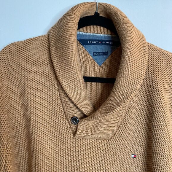 Tommy Hilfiger Tan Knit Sweater Pima-Cotton Merino-Wool Shawl-Collar Mens XL - Picture 3 of 10